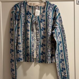 Free People Blue and Cream Floral Stripe Cardigan